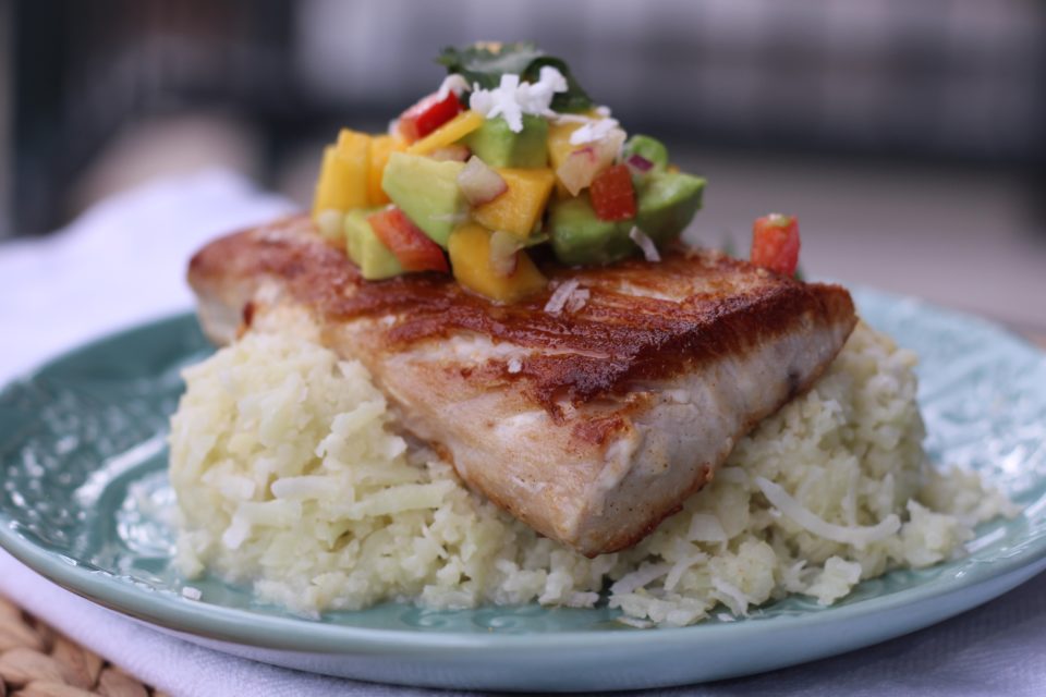 Pan Seared Mahi Mahi over Sticky Coconut "Rice" with Mango Salsa
