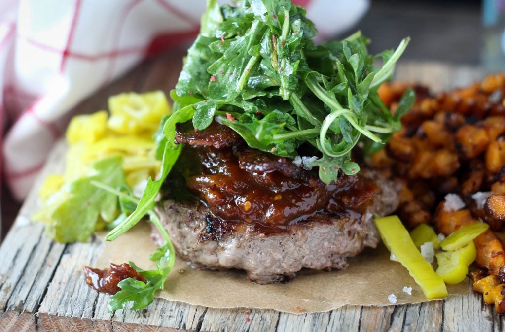 PaleOMG Candied Bacon Loaded Burgers w/ Tomato Jam