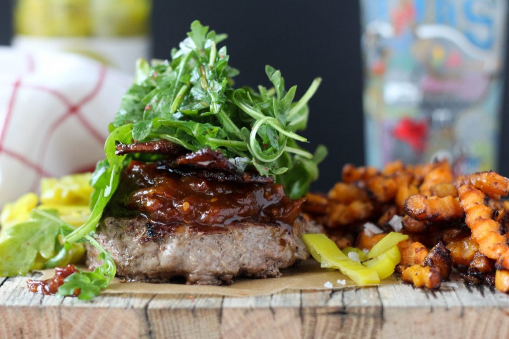 PaleOMG Candied Bacon Loaded Burgers with Tomato Jam