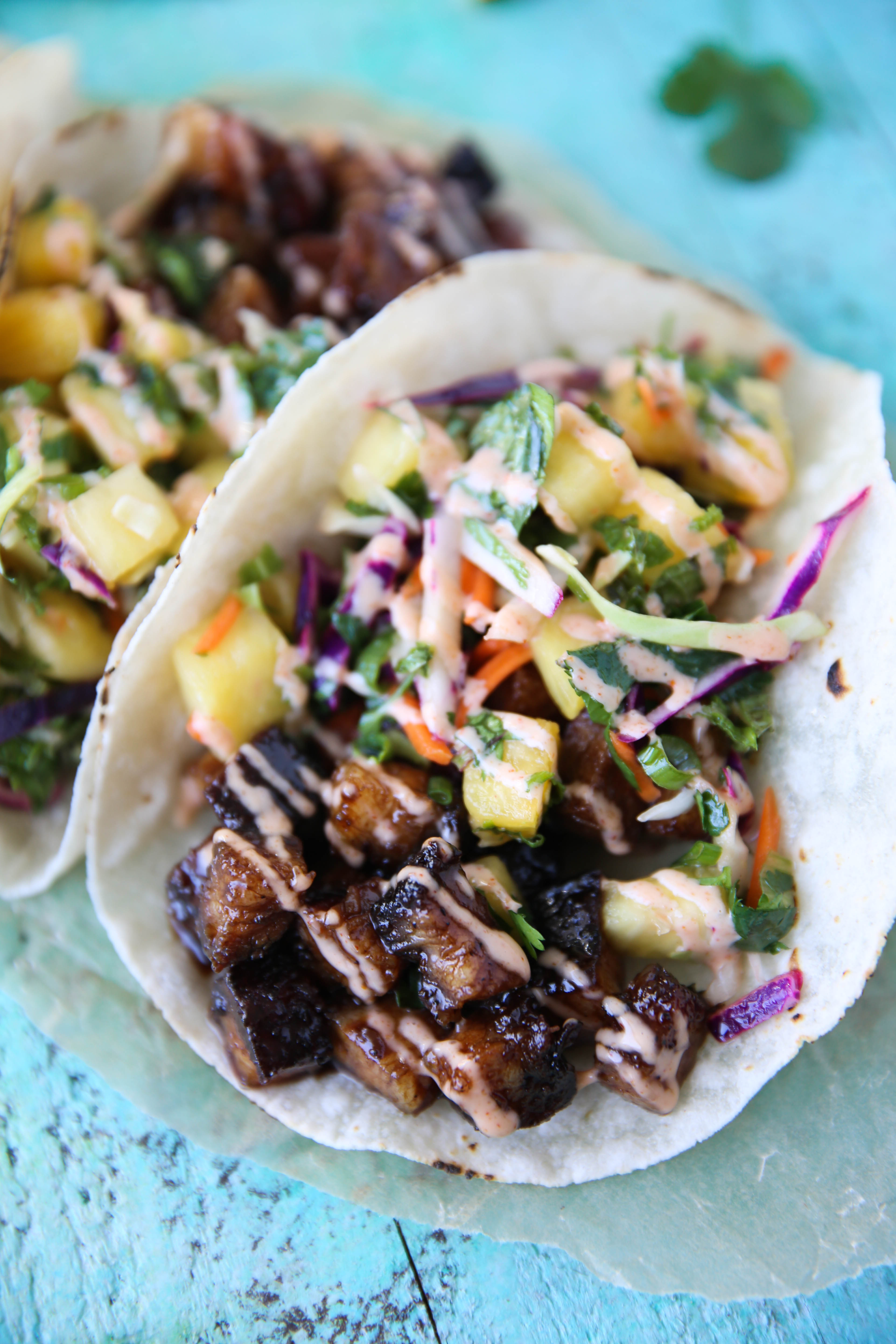 Pork Belly Taco with Pineapple and Sriracha Aioli